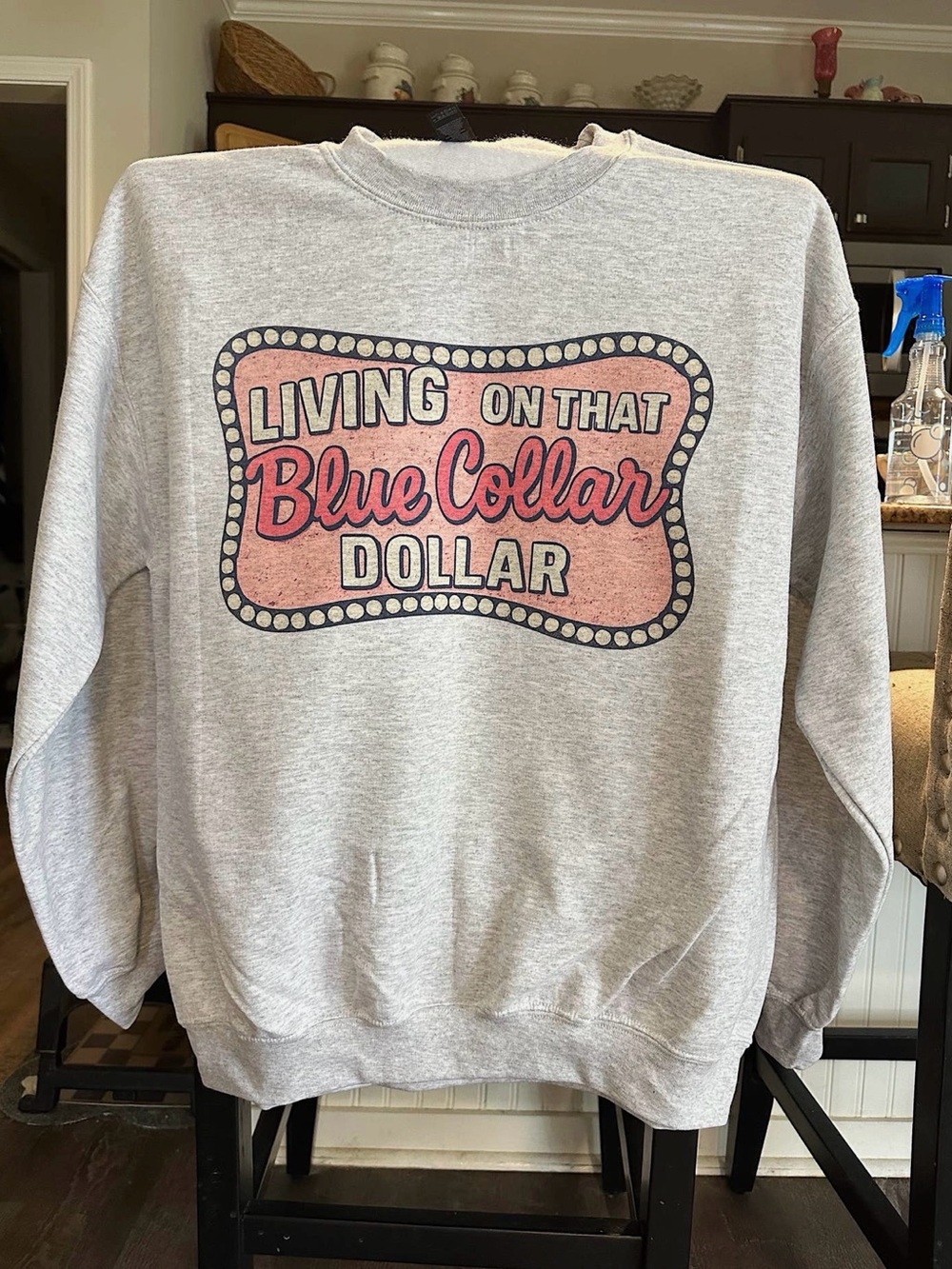 Gray Sweatshirt with Pink 'Blue Collar' Graphic